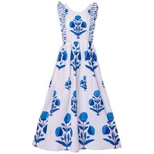 Pink City Prints Blue Block Print Ruffle Sleeveless Cotton Midi Dress Tuckernuck